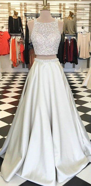 Two Piece Prom Dresses,Beautiful Open Back Sequins Mint Satin Prom Dresses Long