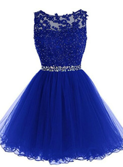 Blue Tulle Backless Lace Appliques Beading Homecoming Dress