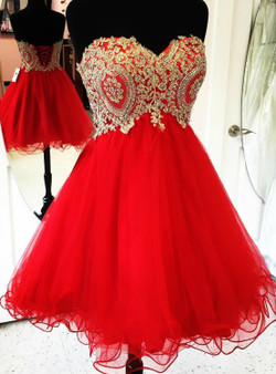 Beautiful Red School Homecoming Dresses Sweetheart Gold Applique