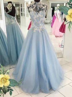 High Collar A-Line Prom Dress Sexy Elegant Applique Long Tulle
