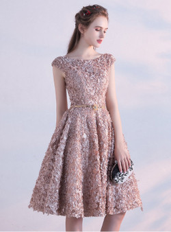 Champagne Lace Cap Sleeve With Sash Homecoming Dress