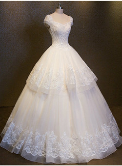 Wedding Dress Double V-neck luxury Ball Gown Collar Crystals Cap Sleeve Backless