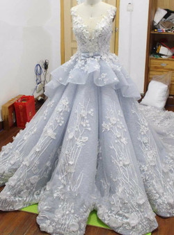 Real Photo Royal Blue Wedding Dress Illusion Luxury Chapel Train Beaded Appliques