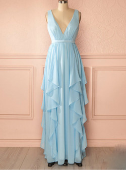Long Chiffon Light Blue Bridesmaid Dresses 2017
