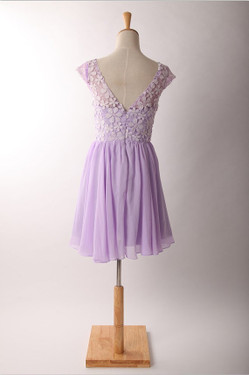 Graceful Purple Lace Round Neckline Short Prom Dresses Purple Bridesmaid dresses  Graduation Dresses
