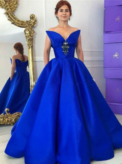 Blue Elegant Crystal Floor-Length Ball Gown Satin Prom Dresses 2017
