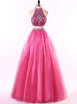 Two Piece Halter Neck Floor-length Chiffon Prom Gown