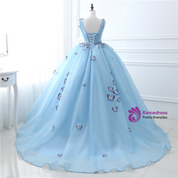 Mirusponsa Real Image Light Blue V-Neck Quinceanera Dresses Ball Gown Dress