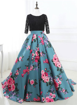 Black Lace Three Quarters Sleeve Print  Backless Party Dresses