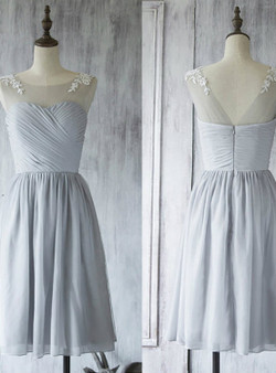 Illusion Short Bridesmaid Dress  Light Gray Bridesmaid Gown with Lace Appliques
