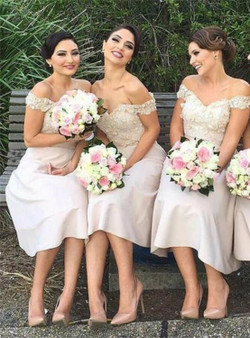 Off Shoulder Knee Length Appliques Cute Bridesmaid Dresses