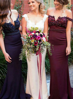Fabulous Mermaid Off Shoulder Sweep Train Maroon/Navy Long Bridesmaid Dress with Beading