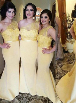 Yellow One Shoulder Lace Mermaid Charming Cheap Long Wedding Party Bridesmaid Dresses