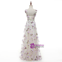 A-Line White Butterfly Print Backless Prom Dress With Bow