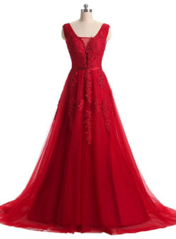 A-line Red Lace V-neck Backless Long Evening Dress 2017