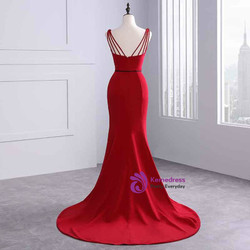 Sexy Mermaid Red Satin V-neck Backless Prom Dress With Sash