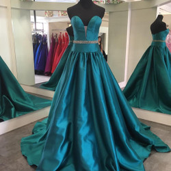 Strapless Plunging Neckline Satin Evening Dress Long Formal Gowns Beaded Waist
