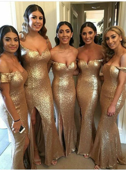 Off the Shoulder Champagne Gold Sequin Bridesmaid Dresses with Side Split