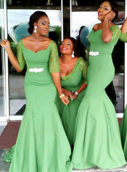 Off the shoulder Bridesmaid Dress with Beaded Belt Clover Green Mermaid