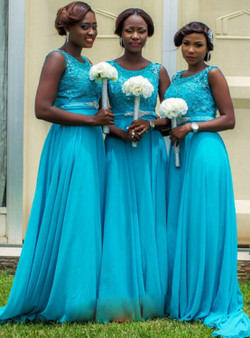 Blue Bridesmaid Dress with a Beaded Belt  Illusion Bridesmaid with Beaded Floral Bodice