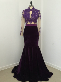 Elegant Sexy Mermaid Lace Velvet Evening Dresses 2017 Party High Neck Long Sleeve