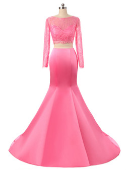 2017 Hot Pink Two Piece Lace Bodice Prom dress With Long Sleeve Custom Made Formal Dress