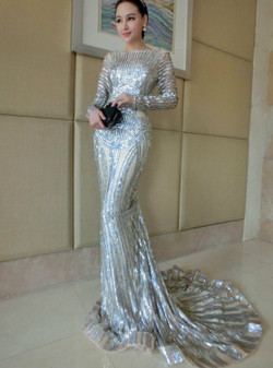 Luxury Silver Mermaid Prom Dresses Long Sleeve Sheer Neck Sequins Court Train