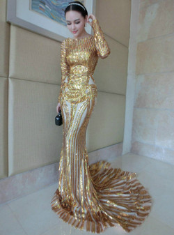 Luxury Gold Mermaid Prom Dresses Long Sleeve Sheer Neck Sequins Court Train