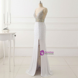 Real Picture Prom Dress Evening Party Gowns Long Sexy High Slit Chiffon Crystal