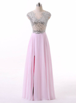 New Arrival Pink Chiffon A Line Boat Neck Cap Sleeves Long Prom Dresses 2017