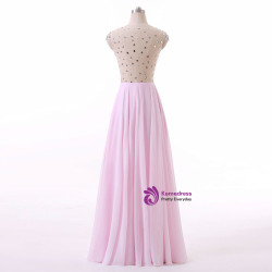 New Arrival Pink Chiffon A Line Boat Neck Cap Sleeves Long Prom Dresses 2017