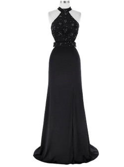 Black Floor Length Prom Dress Chiffon A-Line Evening Dress Featuring Lace Appliqués
