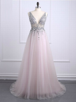 Sexy Prom Dresses 2017 Deep V Neck Backless Bead Crystal Party Gowns Sleeveless