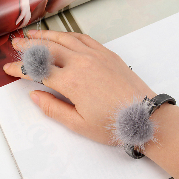 Statement Mink Fur Ball Crystal Open-end Ring Bracelet