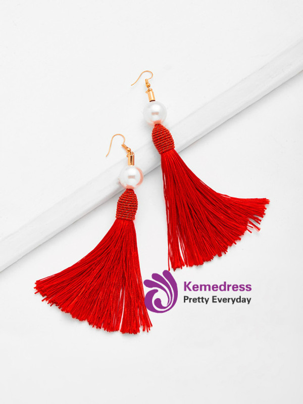 Faux Pearl Top Tassel Earrings