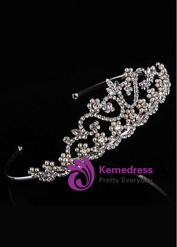 In Stock Glamorous Silver-plated Alloy Tiara With Rhinestones & Pearls