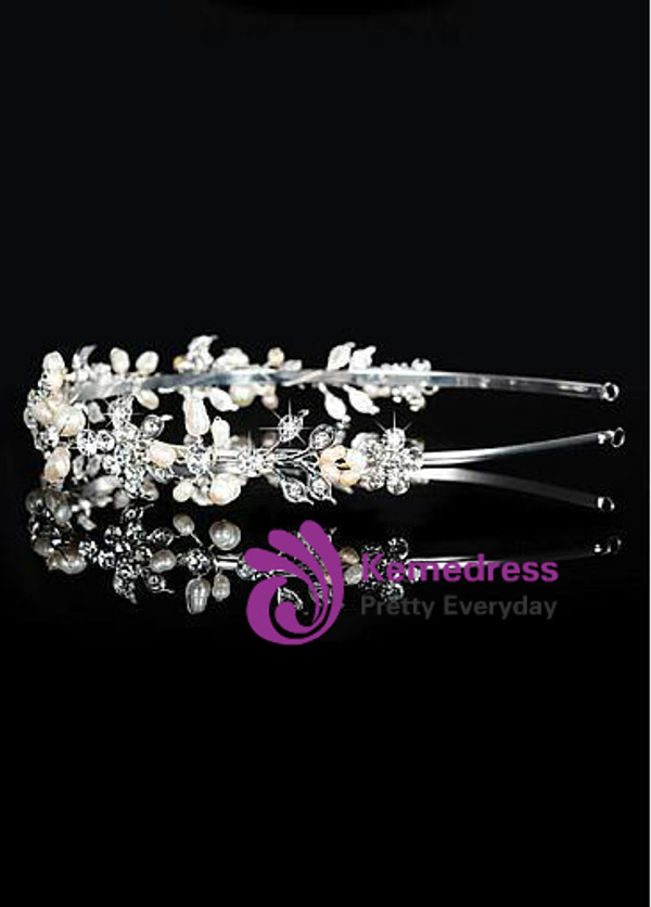 In Stock Fashionable Silver-plated Alloy Tiara With Rhinestones & Pearls