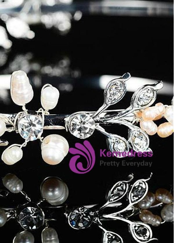 In Stock Fashionable Silver-plated Alloy Tiara With Rhinestones & Pearls