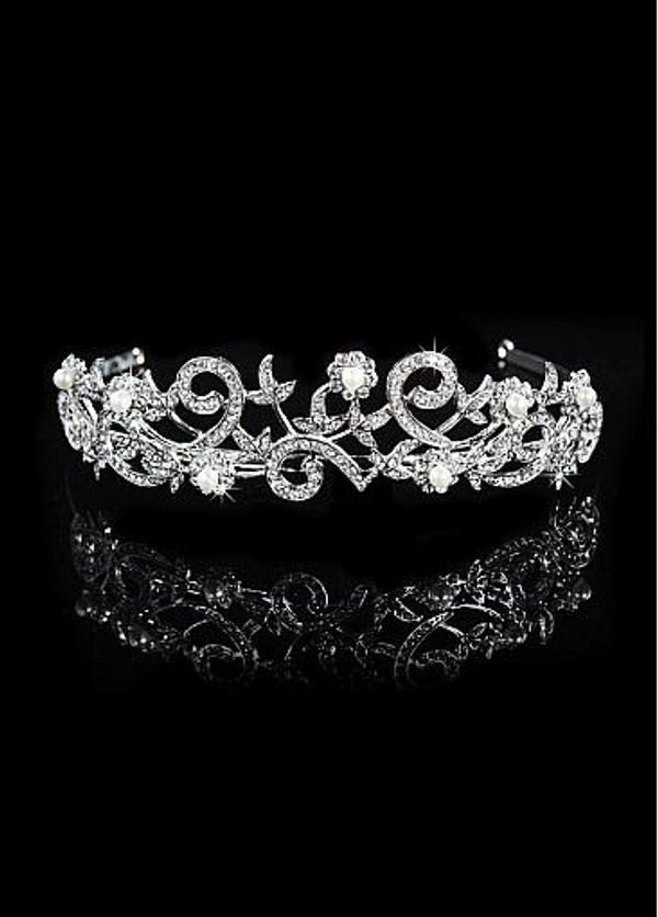 In Stock Exquisite Alloy Wedding Tiara With Rhinestones & Pearls