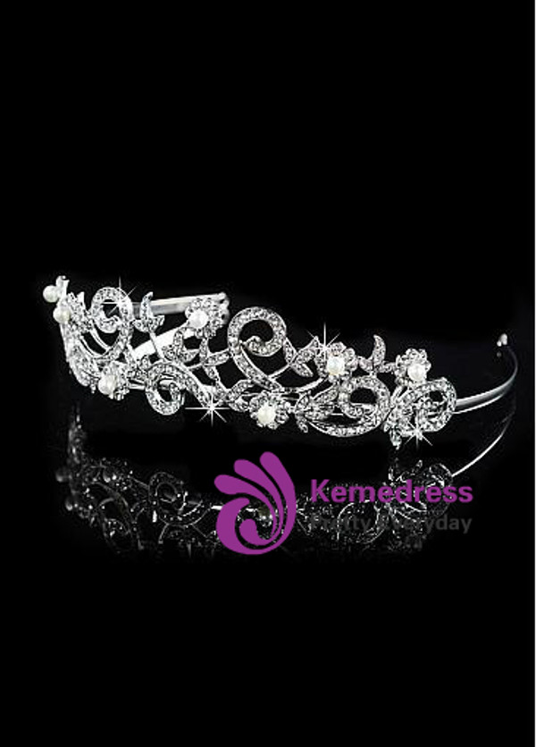 In Stock Exquisite Alloy Wedding Tiara With Rhinestones & Pearls