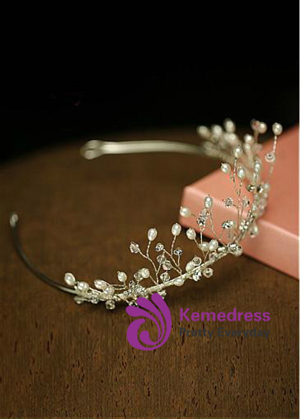 In Stock Fine Alloy Wedding Tiara With Pearls & Rhinestones
