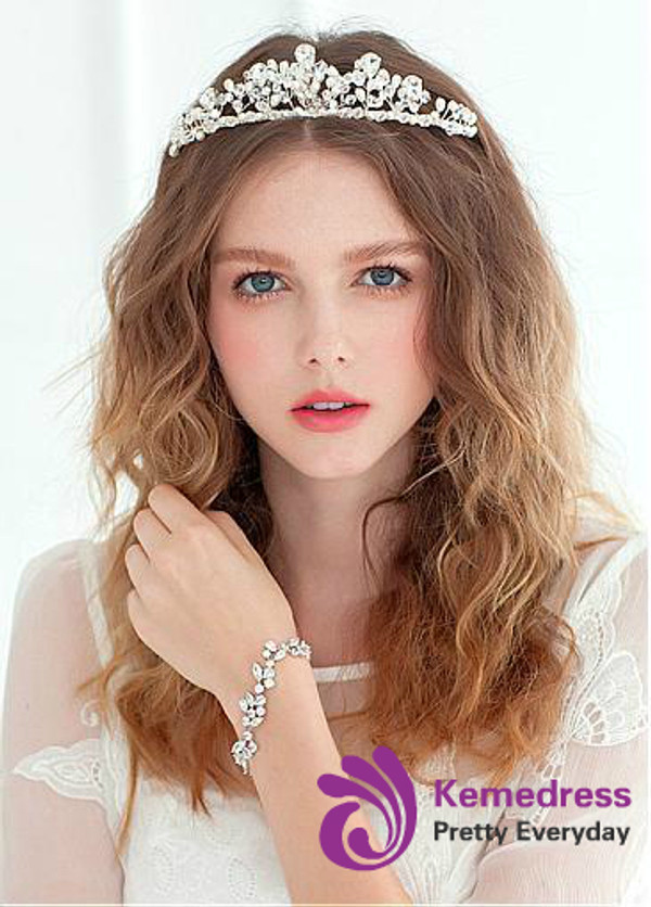 In Stock Stunning Alloy Wedding Tiara With Rhinestones & Pearls