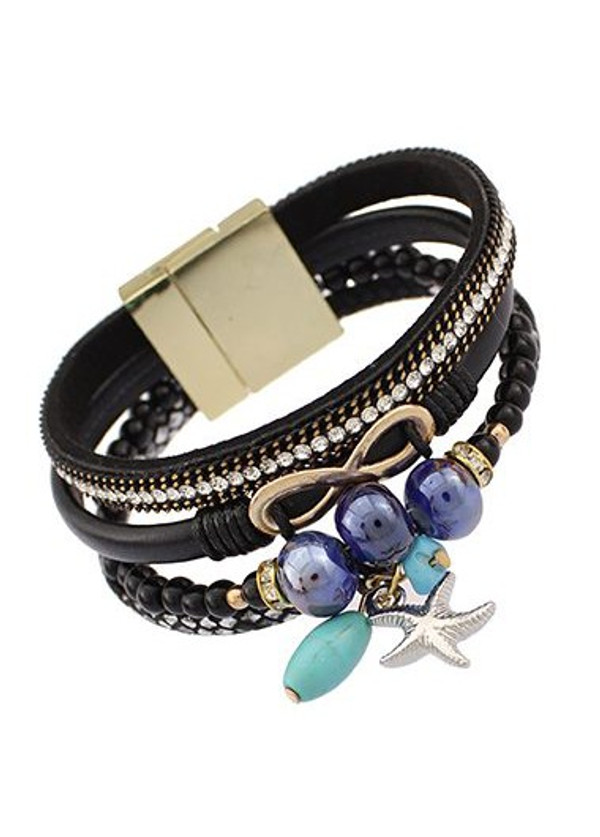 Cheap Bead and Rhinestone Decorated Layered Black Bracelet