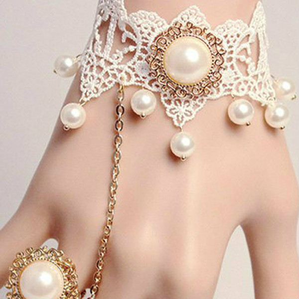 White Faux Pearl Lace Bracelet with Ring