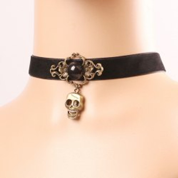 Cheap Bead Skull Velvet Choker Necklace