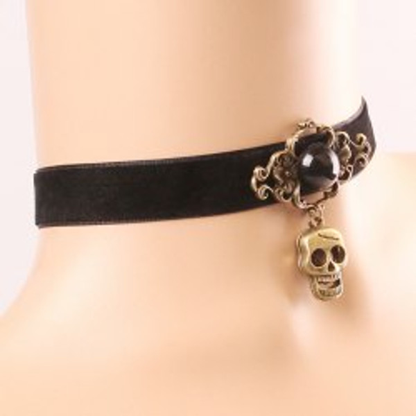 Cheap Bead Skull Velvet Choker Necklace