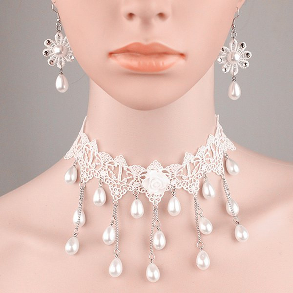 Cheap Tiered Lace Crochet Teardrop Fake Pearl Bridal Necklace