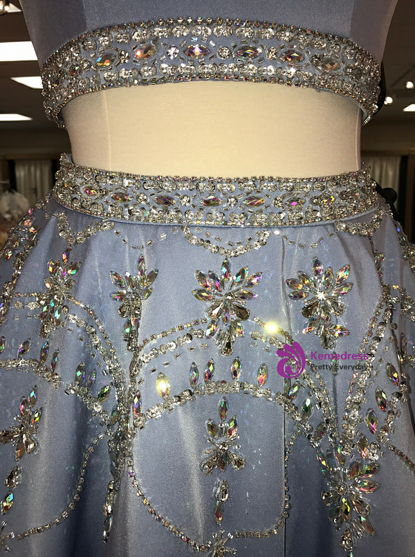 Blue Satin Crystal Beaded Skirt Two Piece Short Homecoming Dress