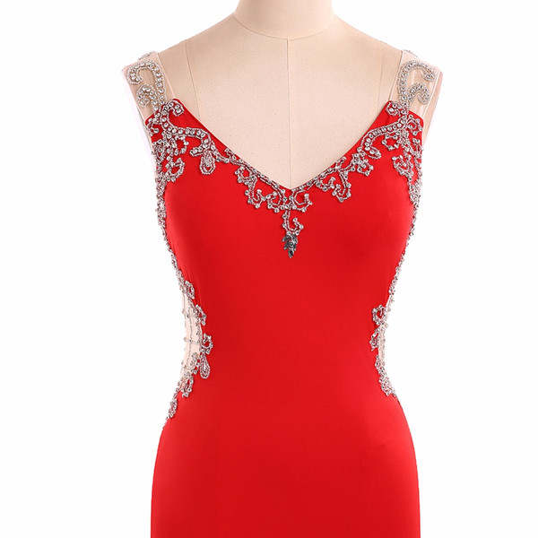 Fashion V Neck Mermaid Satin Lace Beaded Red Long Evening Dresses