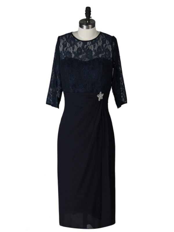 Unique Tea-Length Column Half Sleeves Lace Mother of the Bride Dress